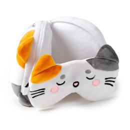 Poduszka z maską na oczy - biały kot - podróżna lub pracowa